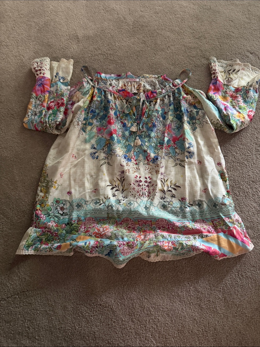 Johnny Was Cream Floral Cold-Shoulder Tunic with Multicolor Print